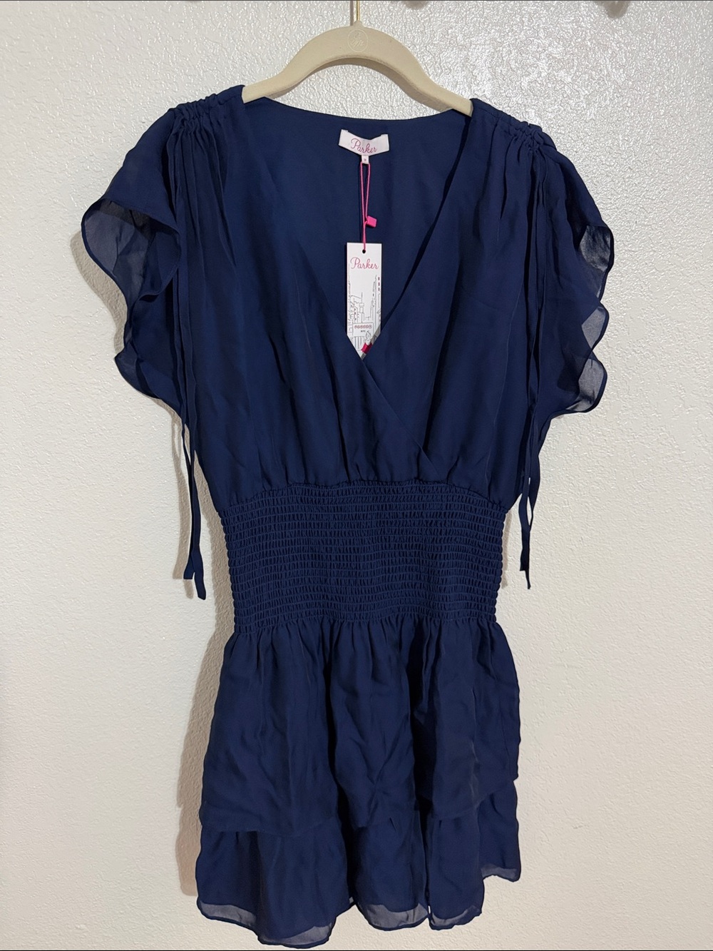 Parker Navy V-Neck Smocked Waist Chiffon Tunic